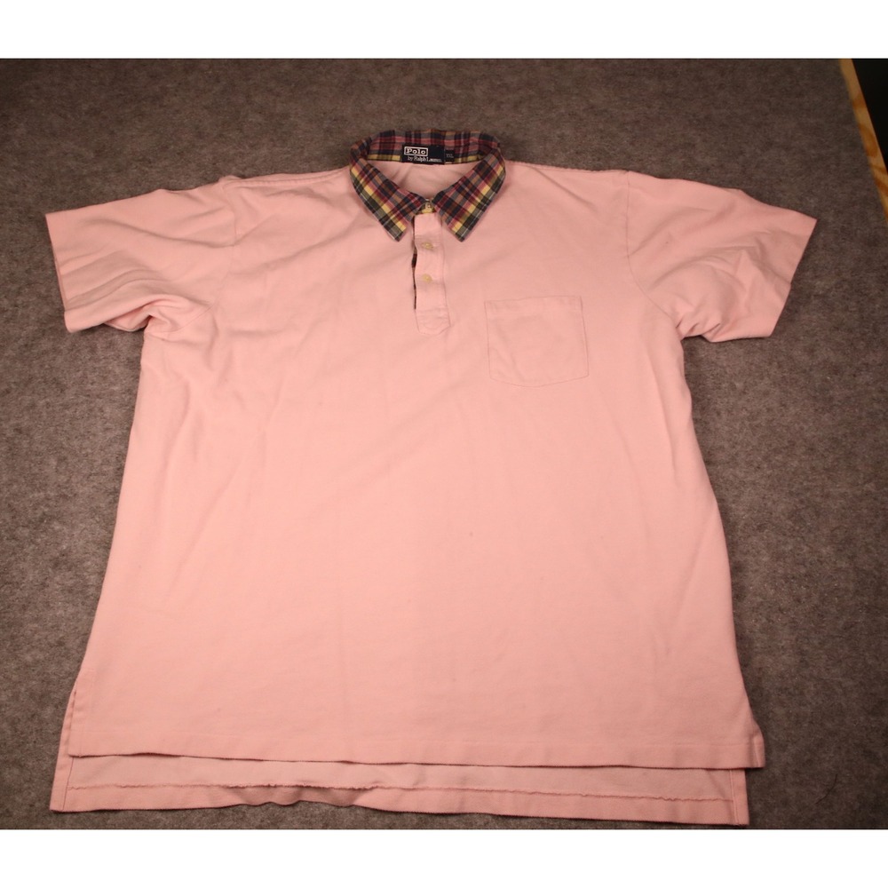 Vintage Polo Ralph Lauren Mens XXL Pink Plaid Collar Pique Polo Shirt Pocket
